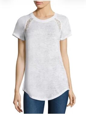 REBECCA TAYLOR Women's White Lace-Trim Short Sleeve Top Tee Size Small